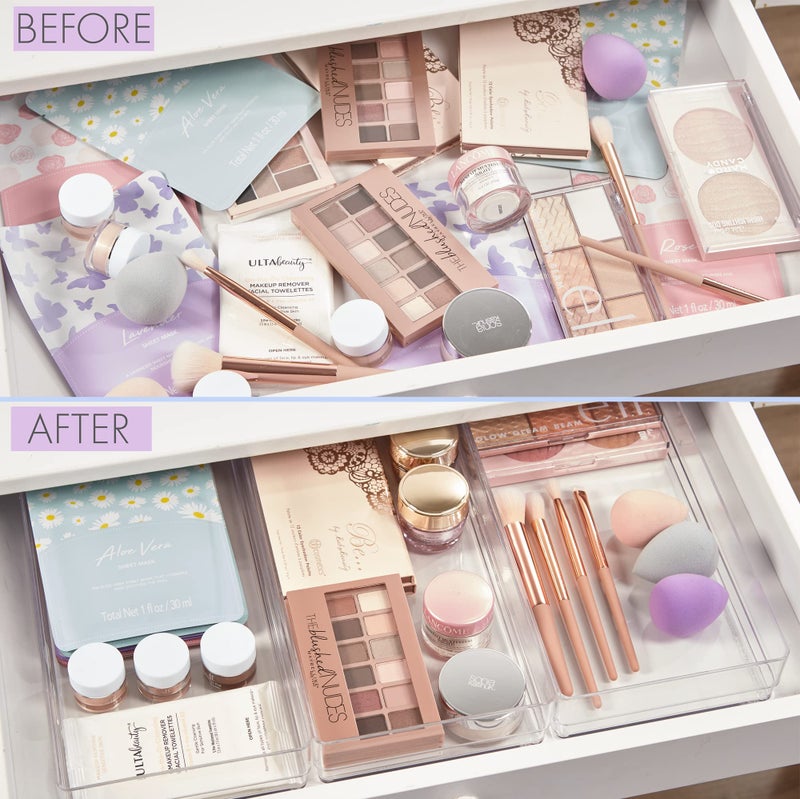 STORi SimpleSort 3-Piece Stackable Clear Drawer Organizer Set | 12"" x 6"" x 2"" Rectangle Trays | Wide Makeup Vanity Storage Bins and Office Desk Drawer Dividers | Made in USA - Image 3